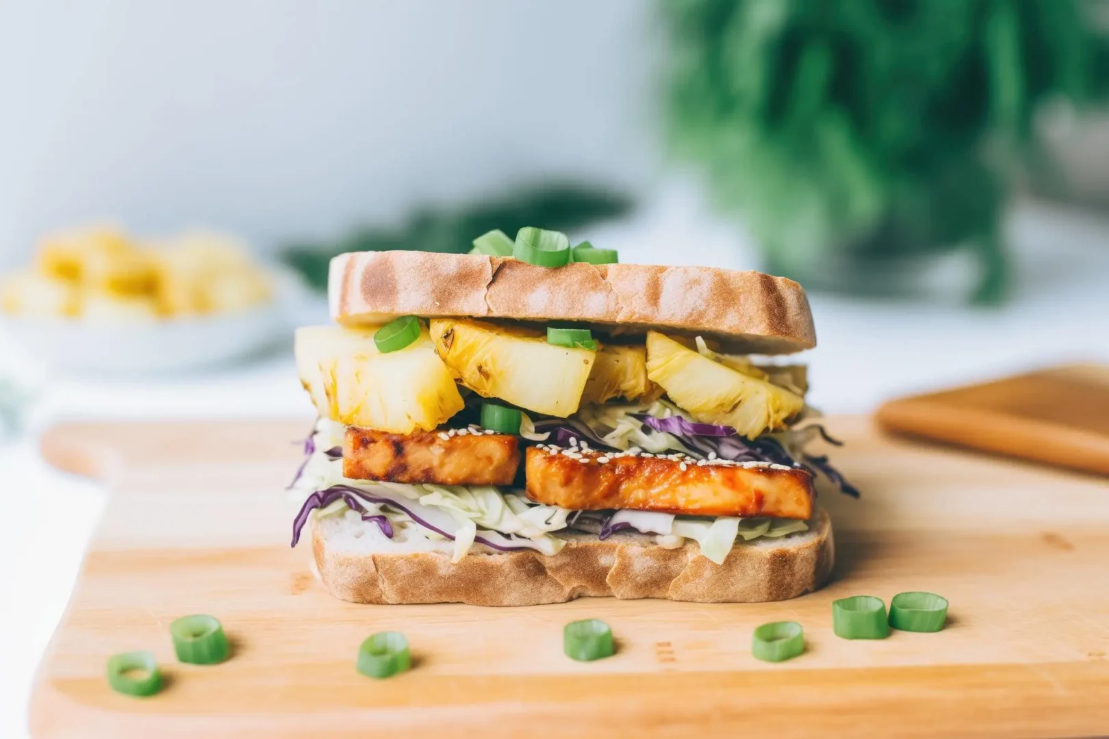 Foto de um sanduíche de tempeh teriyaki com abacaxi e repolho grelhado. O sanduíche é composto por pão macio, tempeh marinado em molho teriyaki, abacaxi grelhado e repolho grelhado. O sanduíche está cortado ao meio e apoiado em uma tábua de madeira.