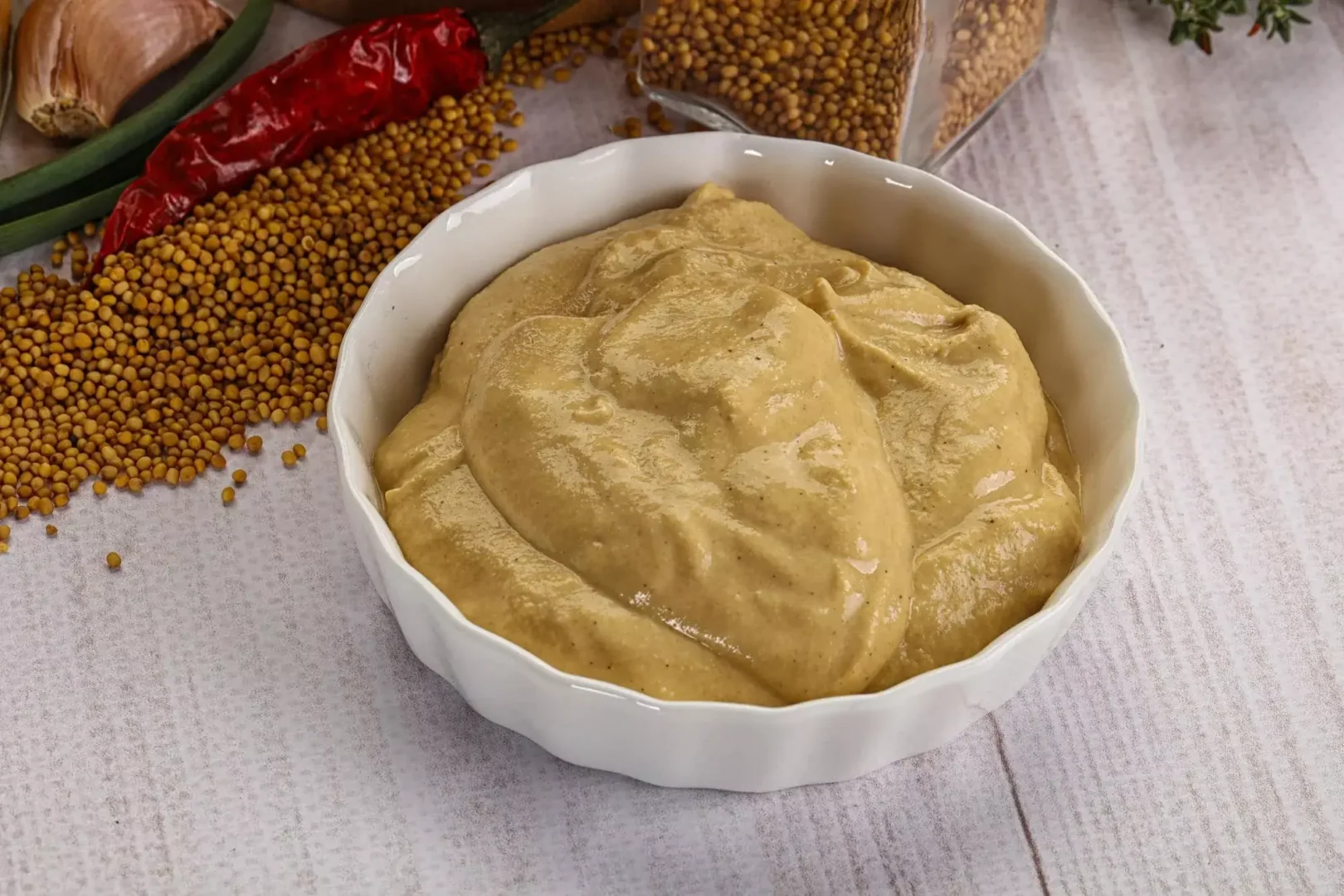 Molho de mostarda Dijon cremoso em uma tigela branca, com grãos de mostarda ao fundo e ingredientes como alho, pimenta vermelha e ervas, sobre uma toalha texturizada.