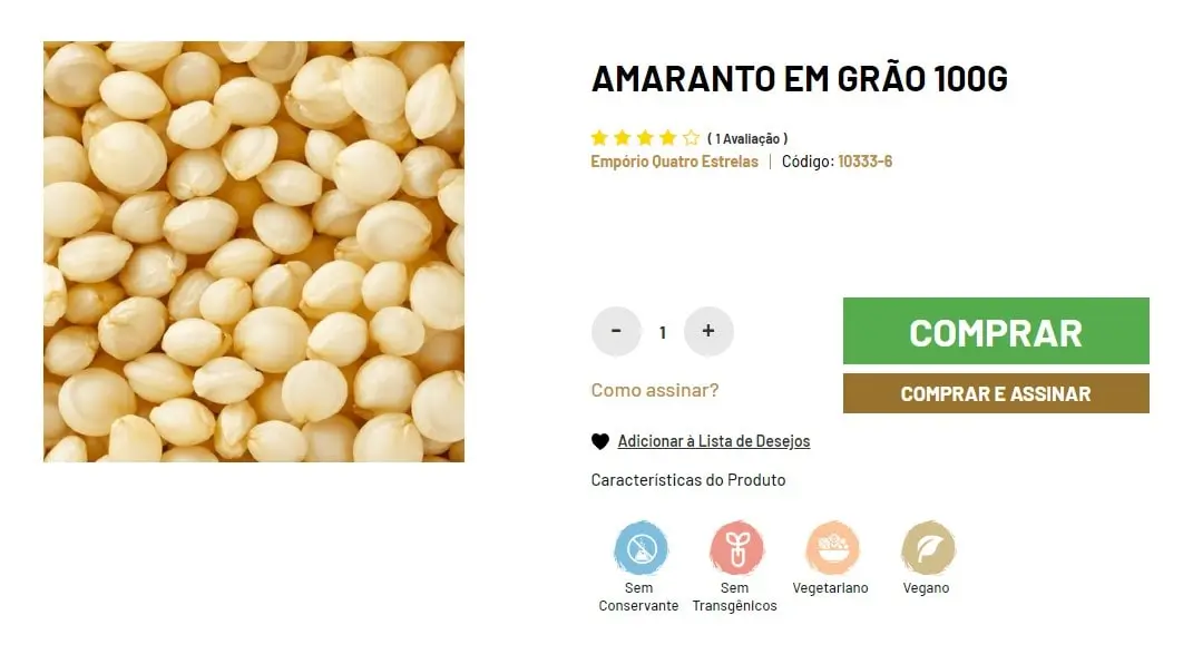 Close-up de grãos de amaranto bege em uma imagem promocional, acompanhada de um botão verde 'COMPRAR' e informações do produto como 'AMARANTO EM GRÃO 100G', avaliação de cinco estrelas, selos de 'Sem Conservante', 'Sem Transgênicos', 'Vegetariano' e 'Vegano'
