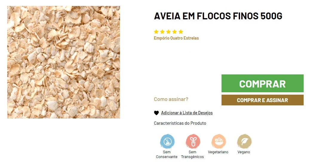 Imagem de aveia em flocos finos 500g, com classificação de cinco estrelas da marca Empório Quatro Estrelas, destacando as características do produto como sem conservantes, sem transgênicos, vegetariano e vegano, e botões para adicionar à lista de desejos, comprar ou assinar.