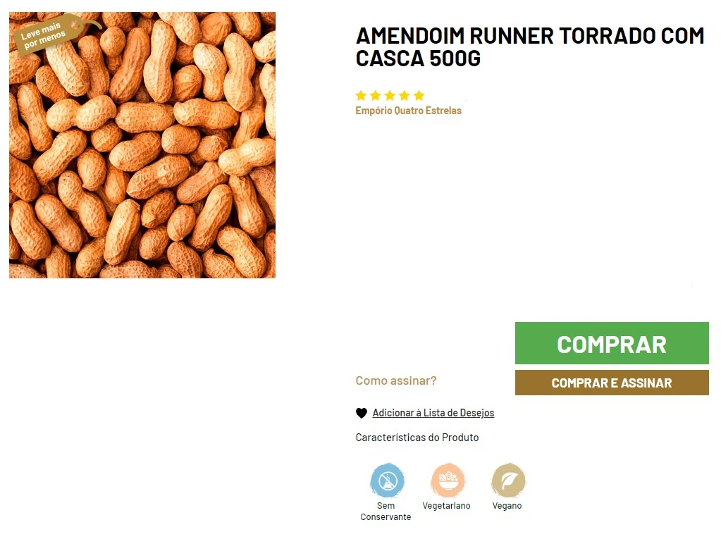 Close-up de amendoim Runner torrado com casca, apresentado em grande quantidade à esquerda, e detalhes do produto à direita incluindo título, avaliação de cinco estrelas, e botões para compra e assinatura.