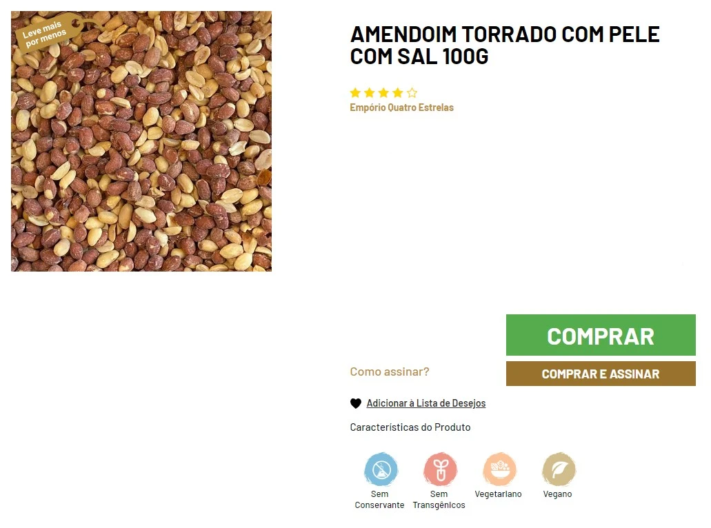 Close-up de amendoim torrado com pele e sal, mostrado em grande quantidade à esquerda, e informações do produto à direita incluindo título, avaliação de cinco estrelas, e botões para compra e assinatura.