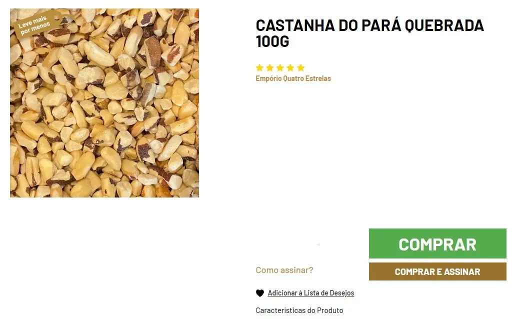 Imagem de um anúncio de venda de castanha do Pará quebrada, mostrando um close-up de várias castanhas com cascas parcialmente removidas, apresentadas em alta definição. Ao lado direito, um botão verde 'Comprar' abaixo do título 'Castanha do Pará Inteira Média 100g' e uma avaliação de cinco estrelas pelo 'Empório Quatro Estrelas