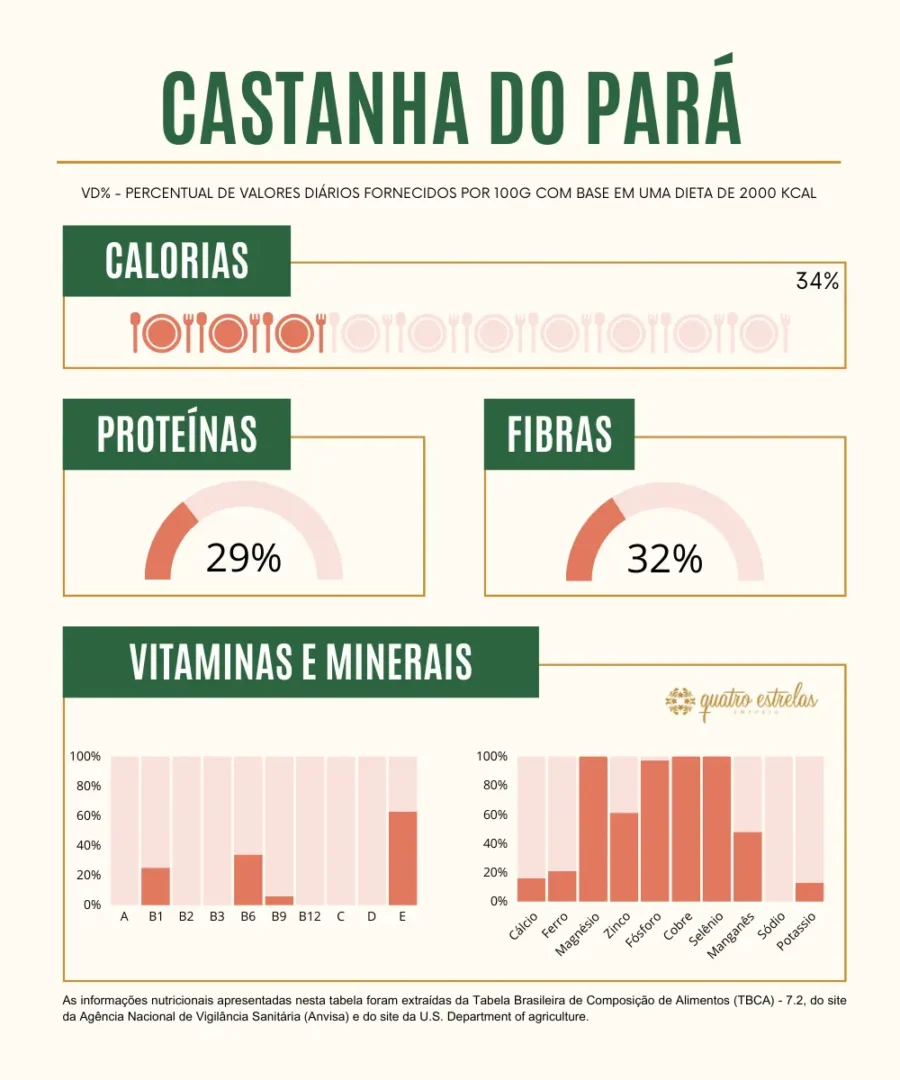 A imagem mostra um infográfico detalhando o valor nutricional de 100 gramas de castanha do Pará, considerando uma dieta de 2000 kcal. O título "CASTANHA DO PARÁ" é destacado no topo. O infográfico está dividido em quatro seções principais: "Calorias", "Proteínas", "Fibras" e "Vitaminas e Minerais". Nas seções, há gráficos de barras ou semi-círculos indicando que a castanha do Pará fornece 34% das calorias diárias, 29% das proteínas diárias e 32% das fibras diárias recomendadas. A seção de vitaminas e minerais mostra barras para diversas vitaminas (A, B1-B12, C, D, E) e minerais (Cálcio, Ferro, Magnésio, Zinco, Fósforo, Cobre, Selênio, Manganês, Sódio, Potássio), indicando suas respectivas contribuições percentuais. A fonte dos dados é atribuída à Tabela Brasileira de Composição de Alimentos e ao site do U.S. Department of Agriculture