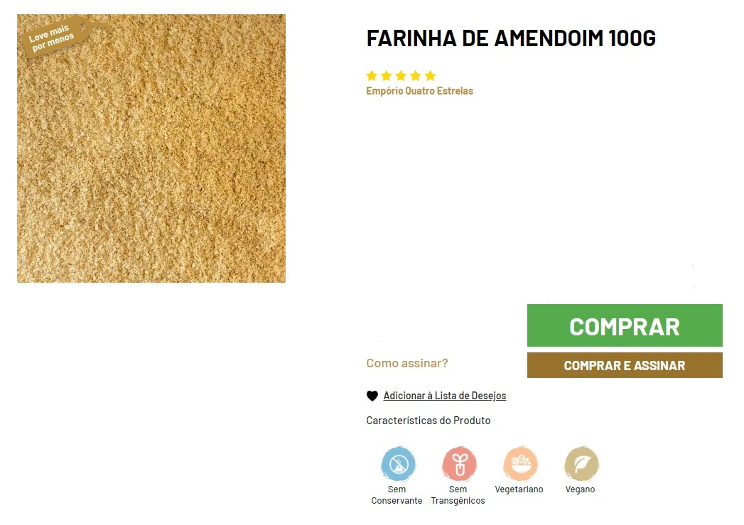Close-up de farinha de amendoim em grande quantidade, apresentada à esquerda, com detalhes do produto à direita incluindo título, avaliação de cinco estrelas, e opções de compra e assinatura.