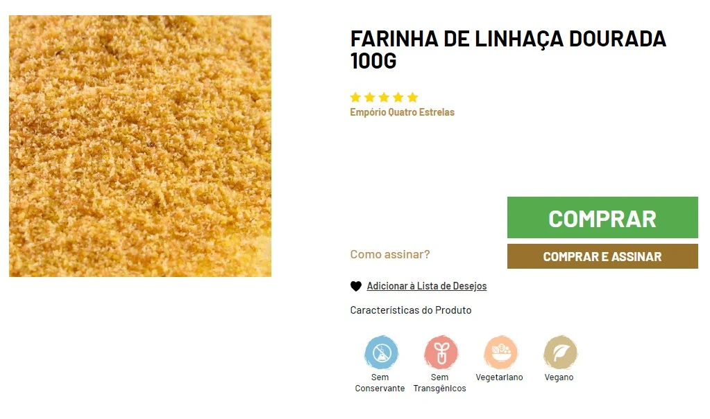 Close-up de farinha de linhaça dourada em um fundo branco, acompanhando descrição do produto e opções de compra e assinatura em um site de vendas.