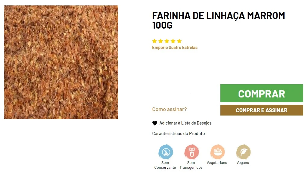 Close-up de farinha de linhaça marrom em um fundo branco, acompanhando descrição do produto e opções de compra e assinatura em um site de vendas.