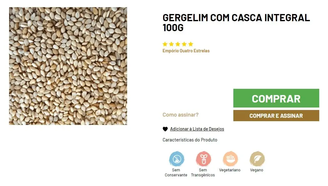 Close-up de gergelim com casca integral ao lado de informações de produto e opções de compra na página do Empório Quatro Estrelas.