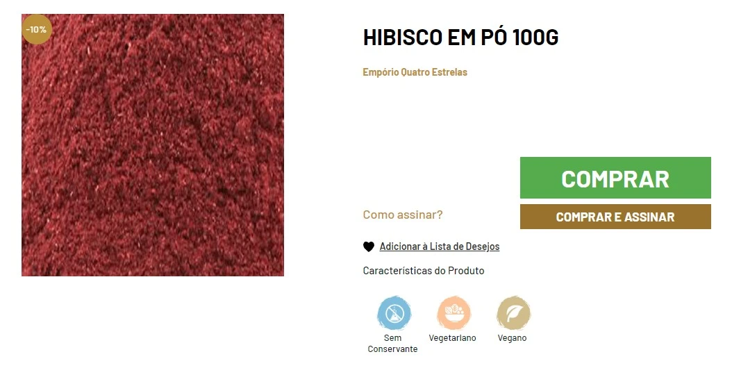Close-up de hibisco em pó com detalhes de preço e opções de compra na página de e-commerce do Empório Quatro Estrelas, destacando ícones de produto sem conservantes, vegetariano e vegano.