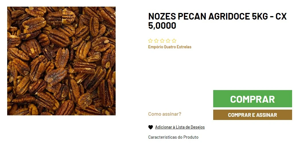 Imagem mostrando nozes pecan agridoces com casca em close-up, destacando suas texturas e cores marrons variadas, disponíveis para compra como produto de 5kg avaliado com cinco estrelas pelo Empório Quatro Estrelas.