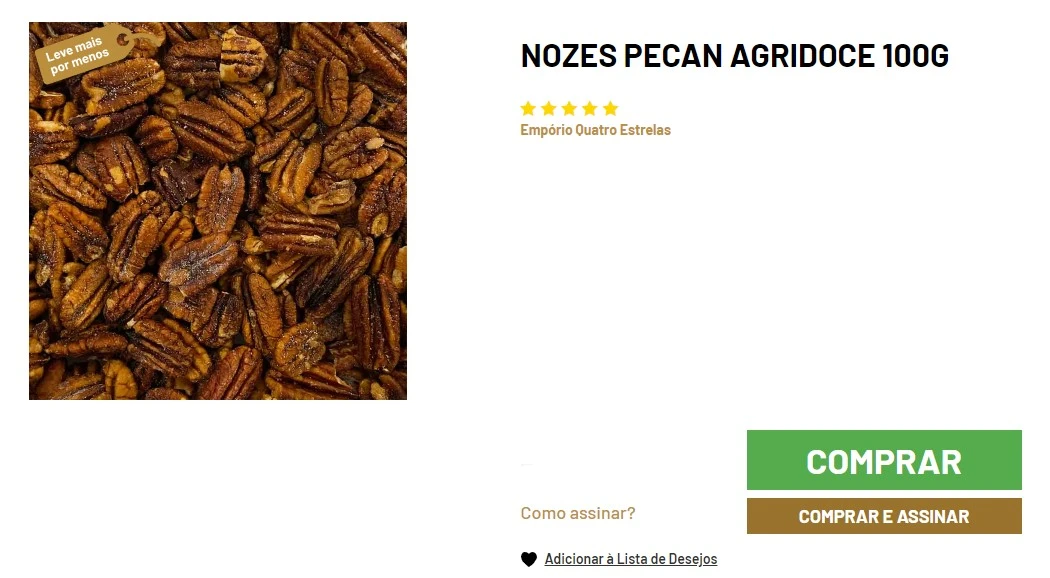 Imagem mostrando nozes pecan agridoces com casca em close-up, destacando suas texturas e cores marrons variadas, disponíveis para compra como produto de 100g avaliado com cinco estrelas pelo Empório Quatro Estrelas.