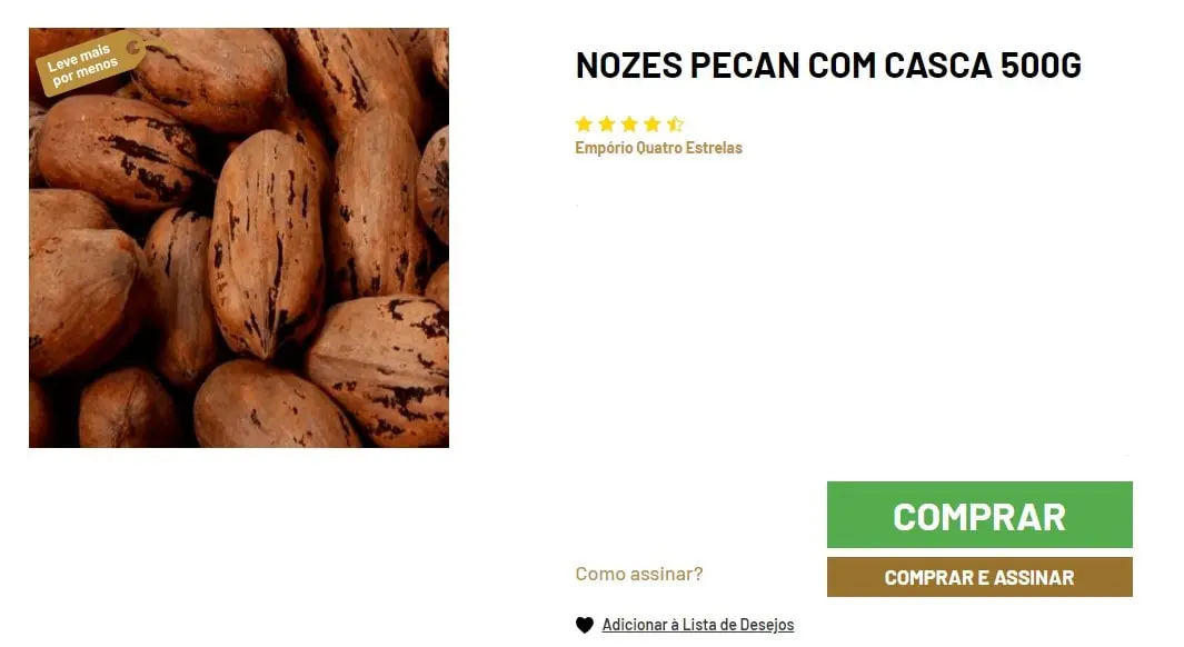 Imagem mostrando nozes pecan com casca em close-up, destacando suas texturas e cores marrons variadas, disponíveis para compra como produto de 500g avaliado com cinco estrelas pelo Empório Quatro Estrelas.