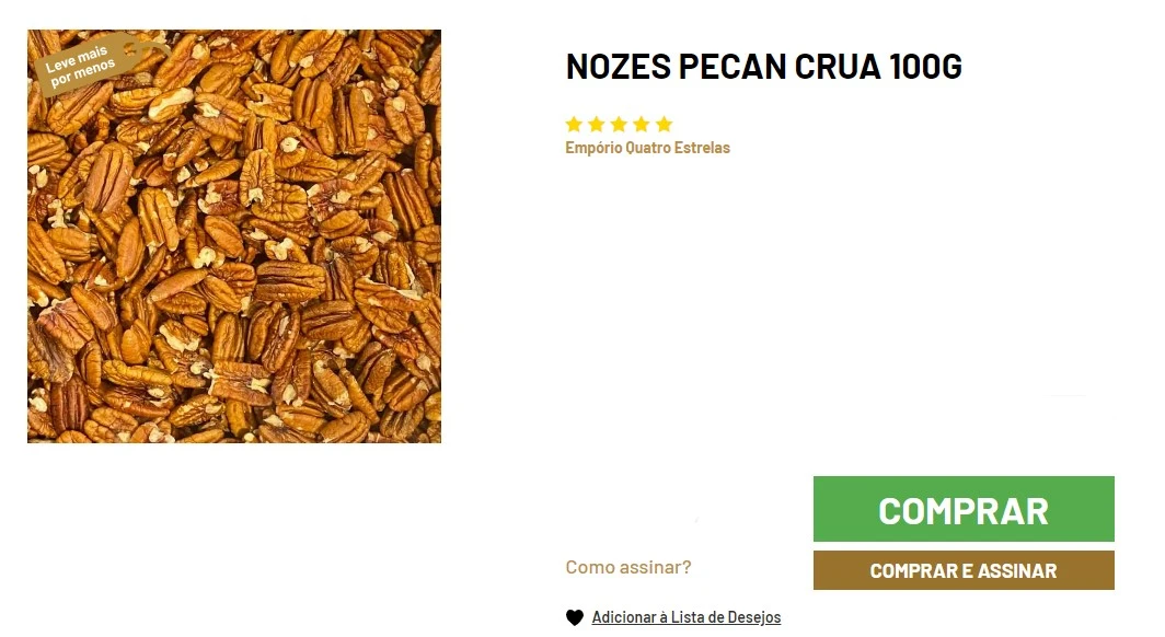 Close-up de nozes pecan cruas, exibindo a rica textura e tonalidades marrons das nozes inteiras, oferecidas em embalagem de 100g com avaliação de cinco estrelas pelo Empório Quatro Estrelas, com opções de compra visíveis.