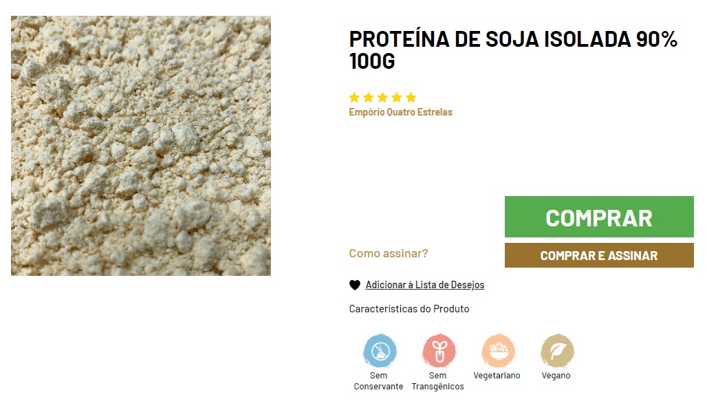 Close-up de proteína de soja isolada 90% em pó, com indicação de compra, avaliação de cinco estrelas e selos de 'Sem Conservante' e 'Sem Transgênicos', além de ser adequado para vegetarianos e veganos