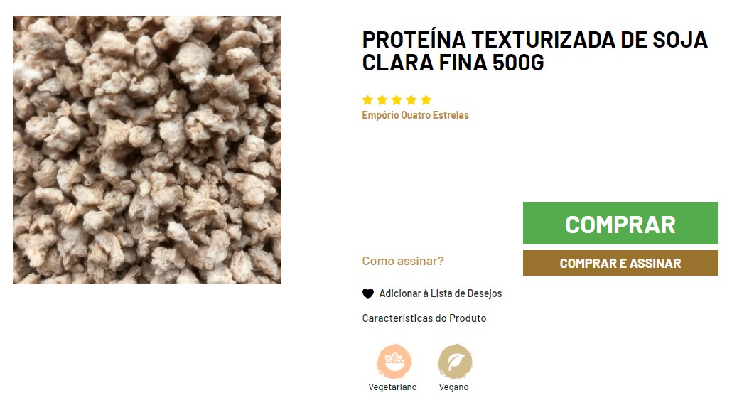 Close-up de proteína texturizada de soja clara e fina em embalagem de 500g, com avaliação de cinco estrelas e ícones indicando ser um produto vegetariano e vegano