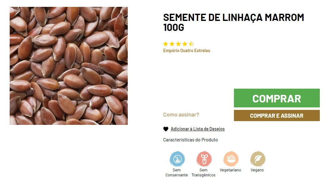 Close-up de sementes de linhaça marrom em um fundo branco, acompanhando descrição do produto e opções de compra e assinatura em um site de vendas.