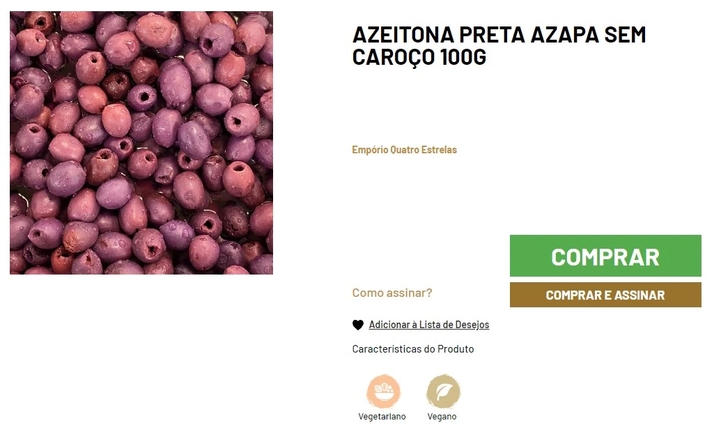 Azeitonas Pretas Sem Caroço Azapa 100g - Empório Quatro Estrelas. Embalagem transparente com 100 gramas de azeitonas pretas azapa sem caroço. Azeitonas uniformes em tamanho e cor preta intensa. Rótulo com informações sobre o produto e logotipo do Empório Quatro Estrelas.