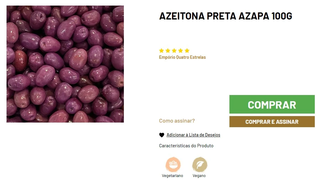 Uma embalagem transparente de 100 gramas de azeitonas pretas sem caroço da marca Azapa à venda no Empório Quatro Estrelas. As azeitonas são uniformes em tamanho e cor preta intensa, com um brilho natural que evidencia sua frescor. O rótulo da embalagem apresenta o nome do produto "Azeitona Preta Azapa" em destaque, além do logotipo do Empório Quatro Estrelas e informações nutricionais
