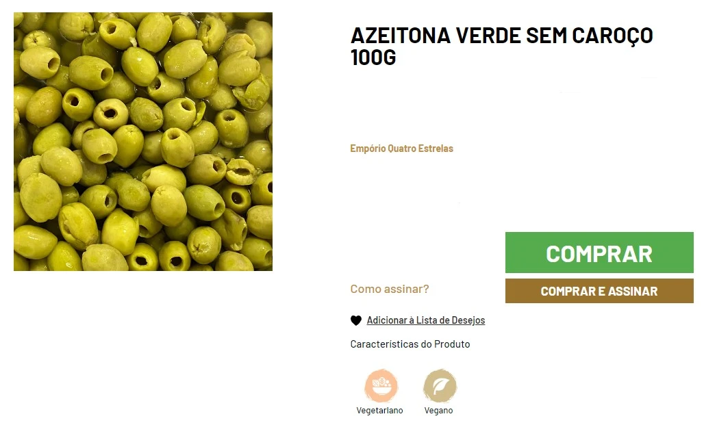 Uma embalagem transparente de 100 gramas de azeitonas verdes sem caroço da marca Empório Quatro Estrelas. As azeitonas são grandes e uniformes, com uma cor verde vibrante e brilhante. O rótulo da embalagem apresenta o nome do produto "Azeitona Verde Sem Carolo 100g", o logotipo do Empório Quatro Estrelas e informações nutricionais