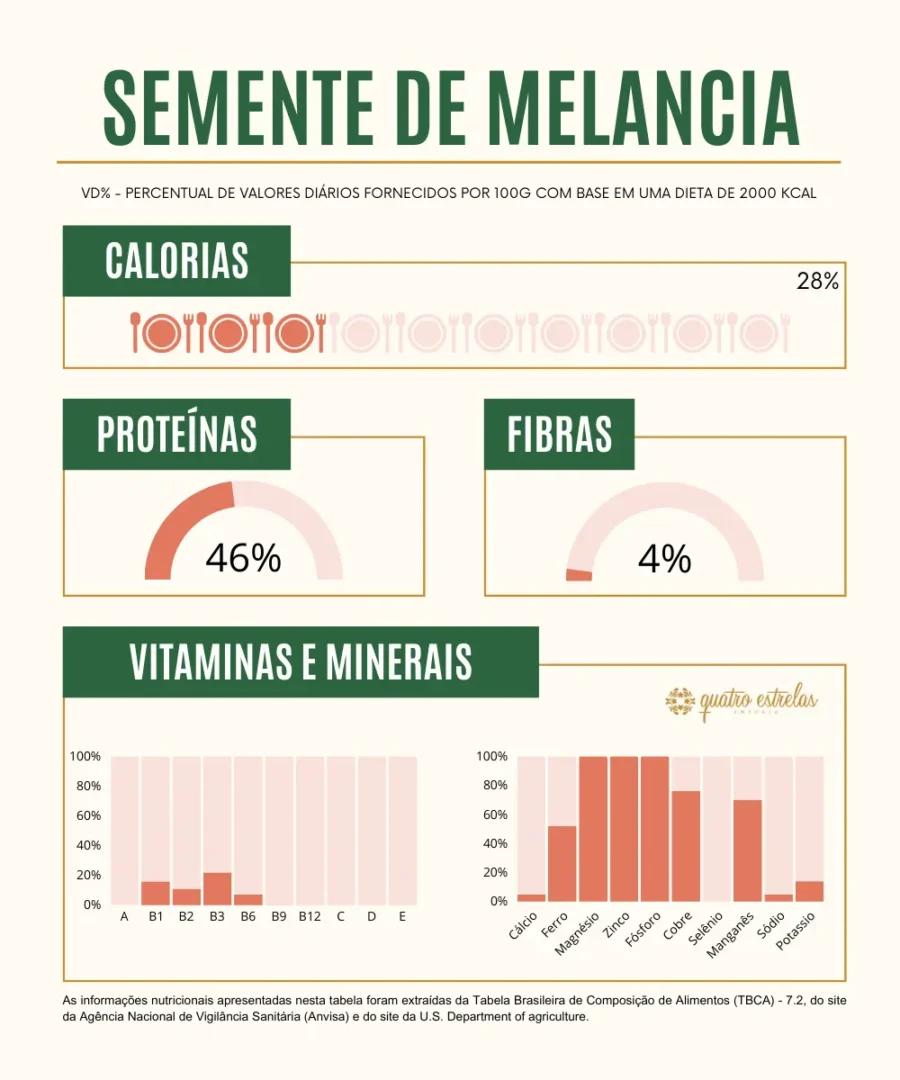 Infográfico mostrando a composição nutricional das sementes de melancia. Inclui percentuais de valores diários para calorias (28%), proteínas (46%), e fibras (4%) por 100g. Também detalha a presença de vitaminas (A, B1, B2, B3, B6, B9, B12, C, D, E) e minerais (cálcio, ferro, magnésio, zinco, fósforo, cobre, selênio, manganês, sódio, potássio), com destaque para altos níveis de magnésio e zinco.