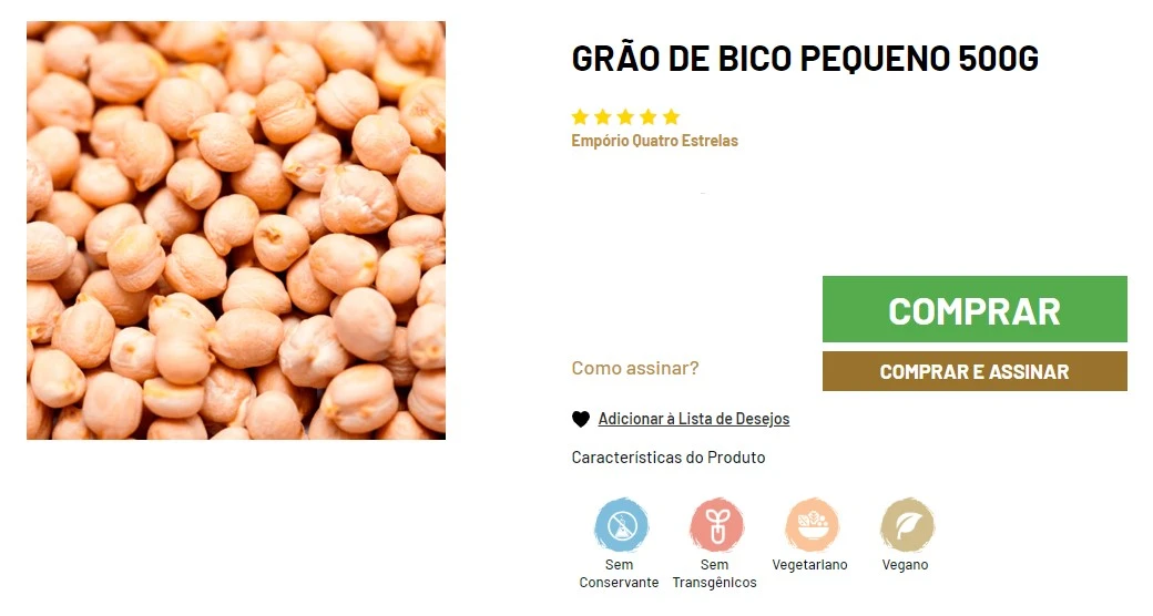 Imagem de uma página de produto para "Grão de Bico Pequeno 500g" da loja Empório Quatro Estrelas. Mostra uma foto de grão-de-bico seco à esquerda e informações do produto à direita, incluindo opções de compra, avaliação com estrelas, e características como sem conservantes, sem transgênicos, vegetariano e vegano.