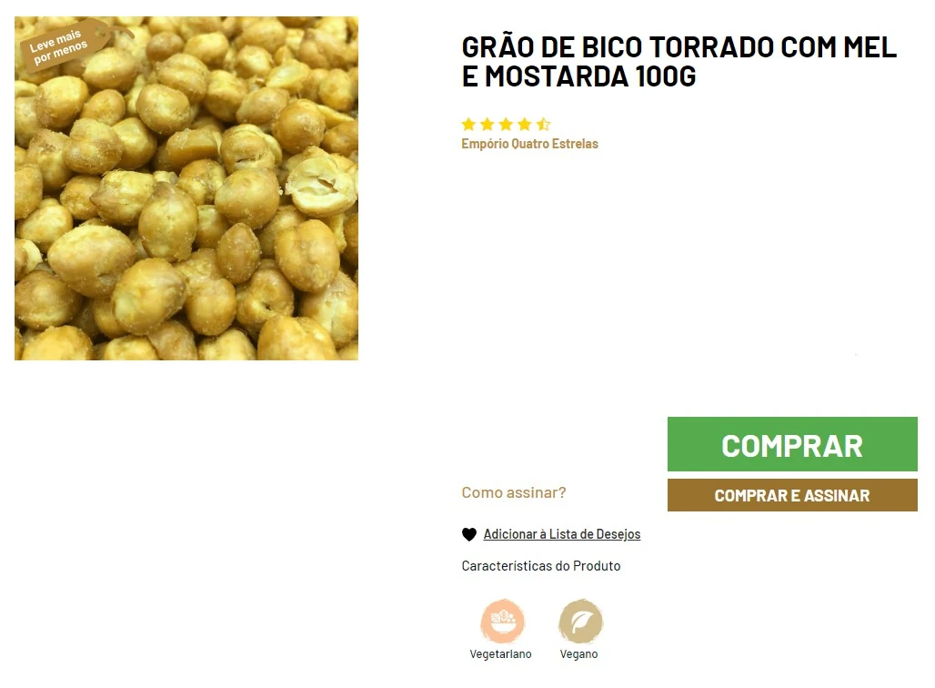 Imagem de uma página de produto para "Grão de Bico Torrado com Mel e Mostarda 100g" da loja Empório Quatro Estrelas. Mostra uma foto de grão-de-bico torrado com mel e mostarda à esquerda e informações do produto à direita, incluindo opções de compra, avaliação com estrelas, e características como vegetariano e vegano