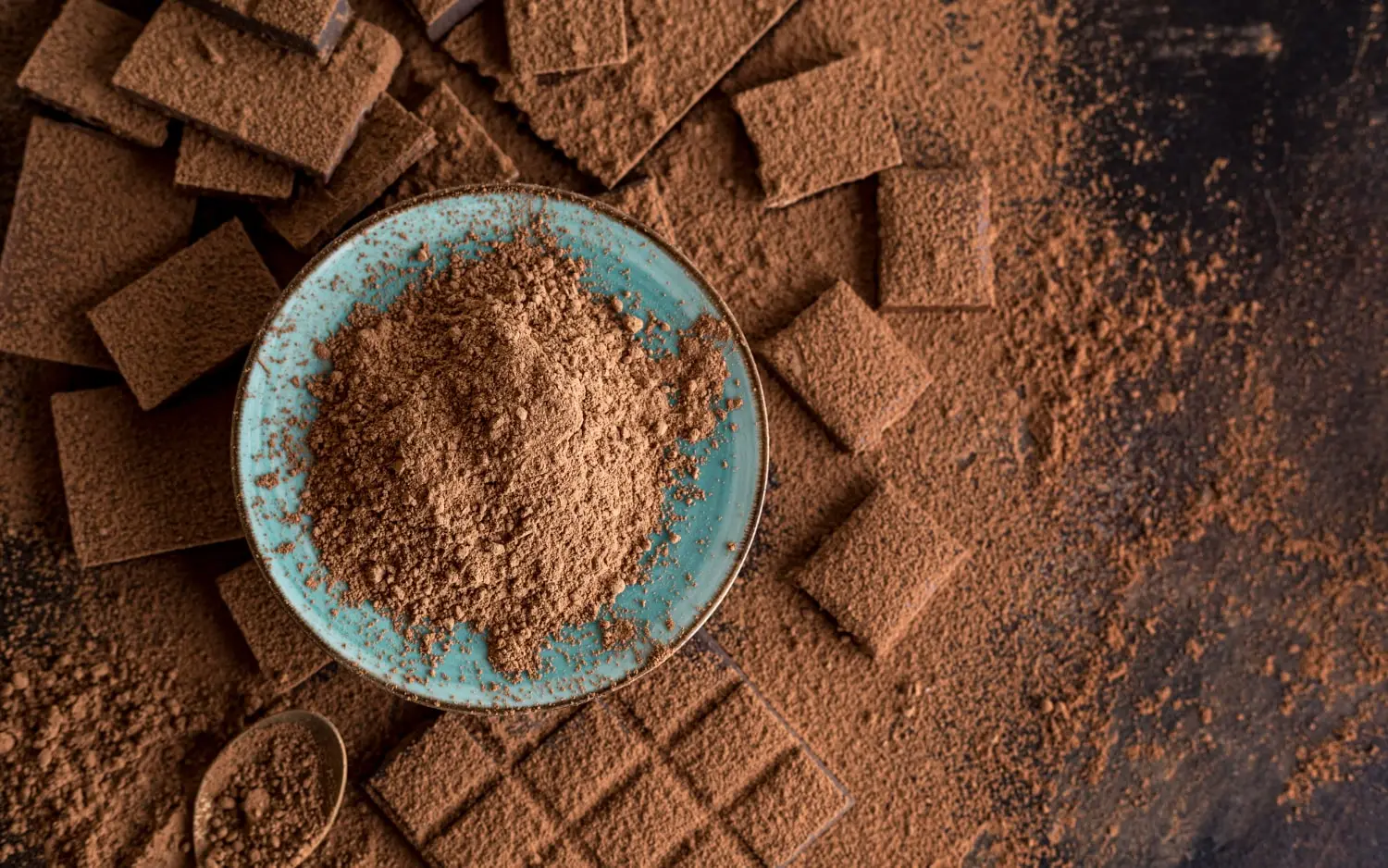 Cacau em pó em um prato azul sobre um fundo escuro com pedaços de chocolate.