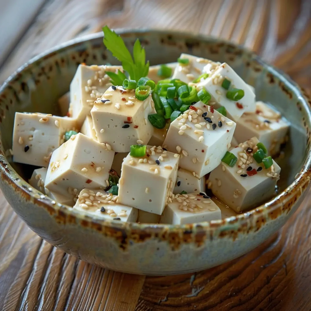 Cubo de tofu fresco temperado com cebolinha, gergelim e molho, servido em uma tigela rústica de cerâmica.