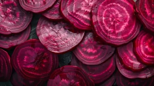Close-up de fatias de beterraba crua com suas distintas cores roxas e padrões circulares, exibindo uma textura brilhante e suculenta.