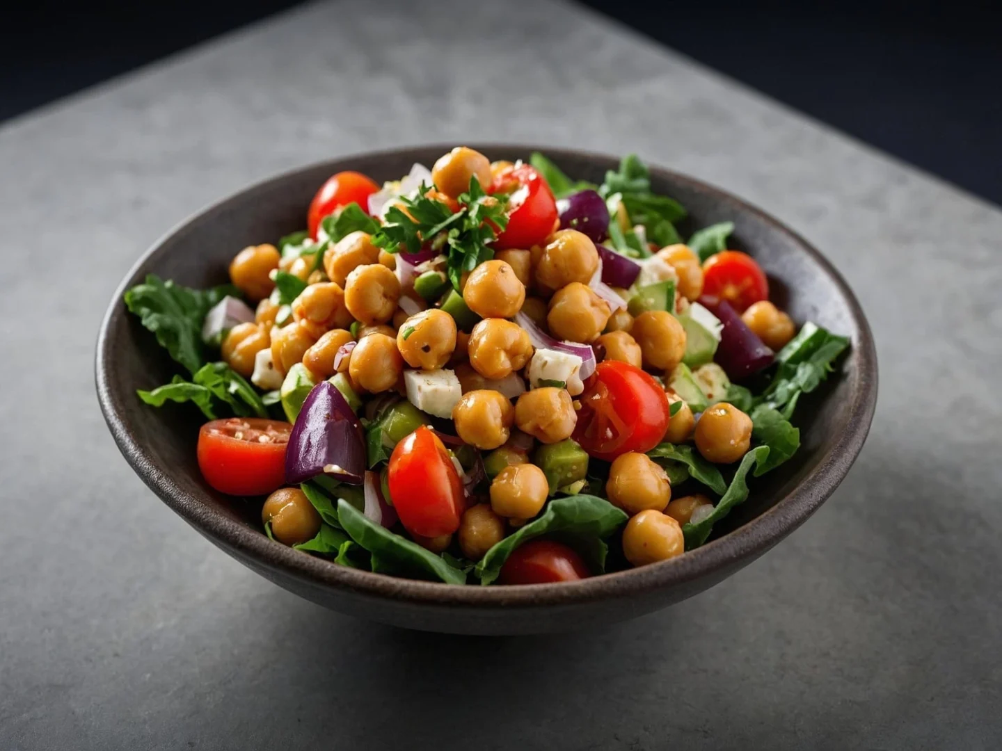 Tigela com salada de grão de bico, contendo tomates-cereja, cebola roxa, pepino, folhas verdes e pedaços de queijo feta, temperada com ervas frescas.