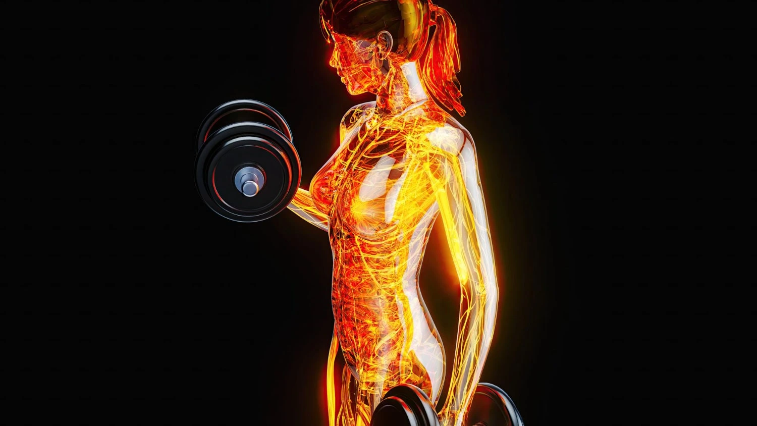 Ilustração de uma mulher com destaque para a termogênese corporal, segurando halteres com o corpo iluminado para representar o aumento do metabolismo e a queima de calorias.